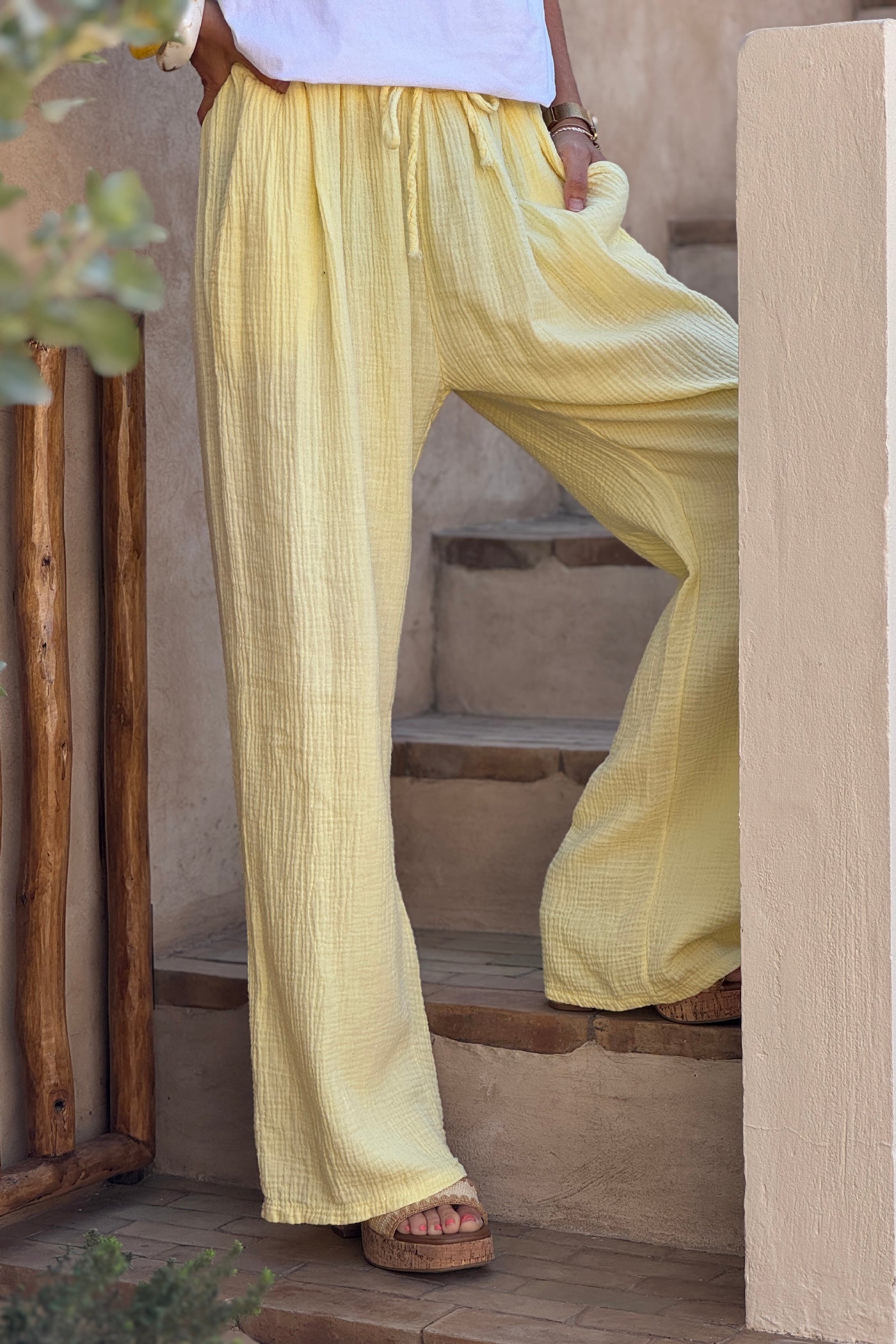 Yellow Crinkle Gauze Pull-On Pant