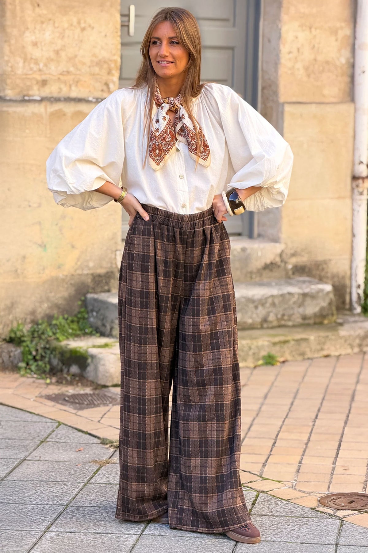 Brown Plaid Wide-Leg Pull-On Pants
