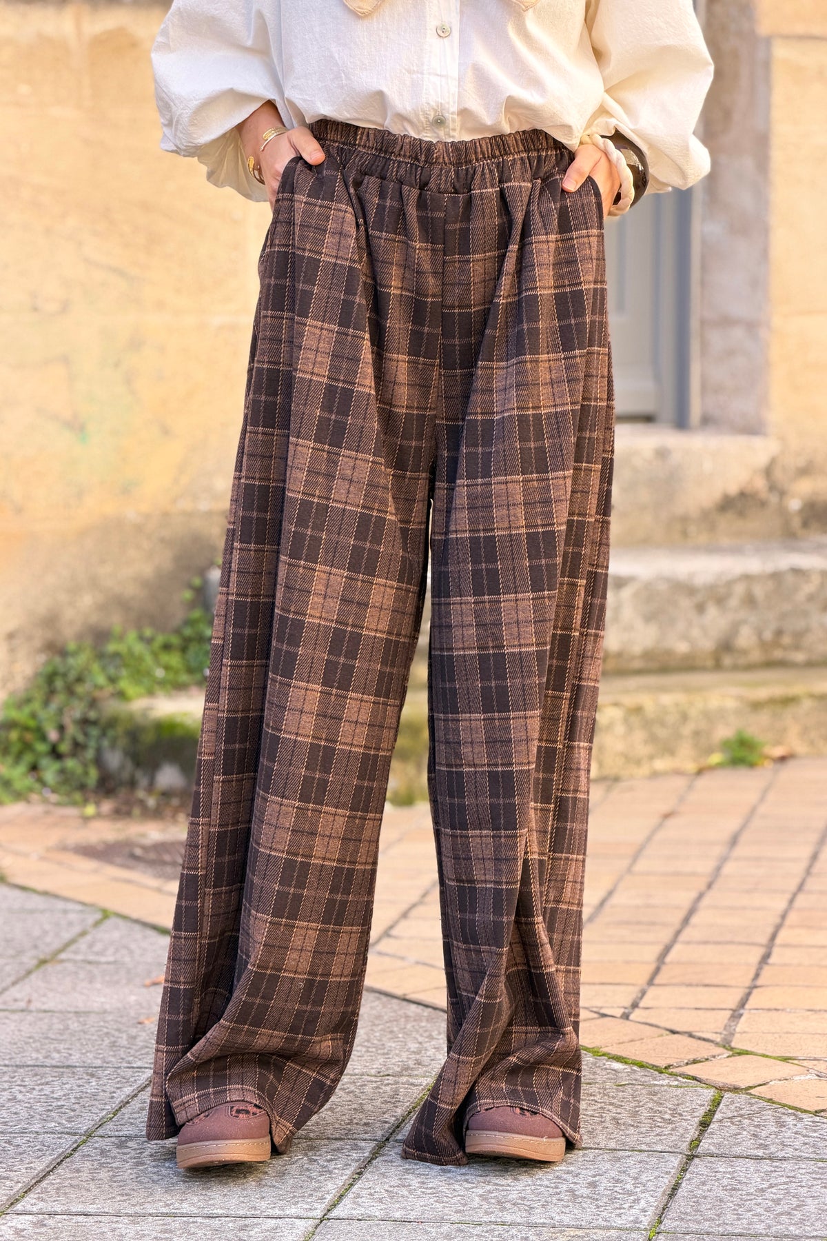 Pantalon large doux en flanelle à carreaux Ecossais marron taille élastique
