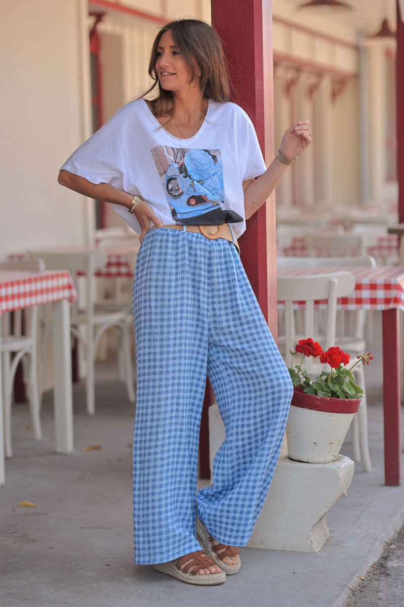 Pantalon large en gaze de coton carreaux vichy bleu avec ceinture raphia