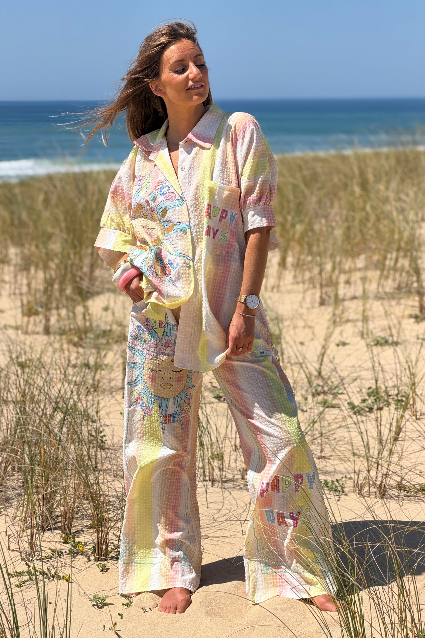 Pantalon large en seersucker jaune motif soleil fleuri Happy Days taille élastique