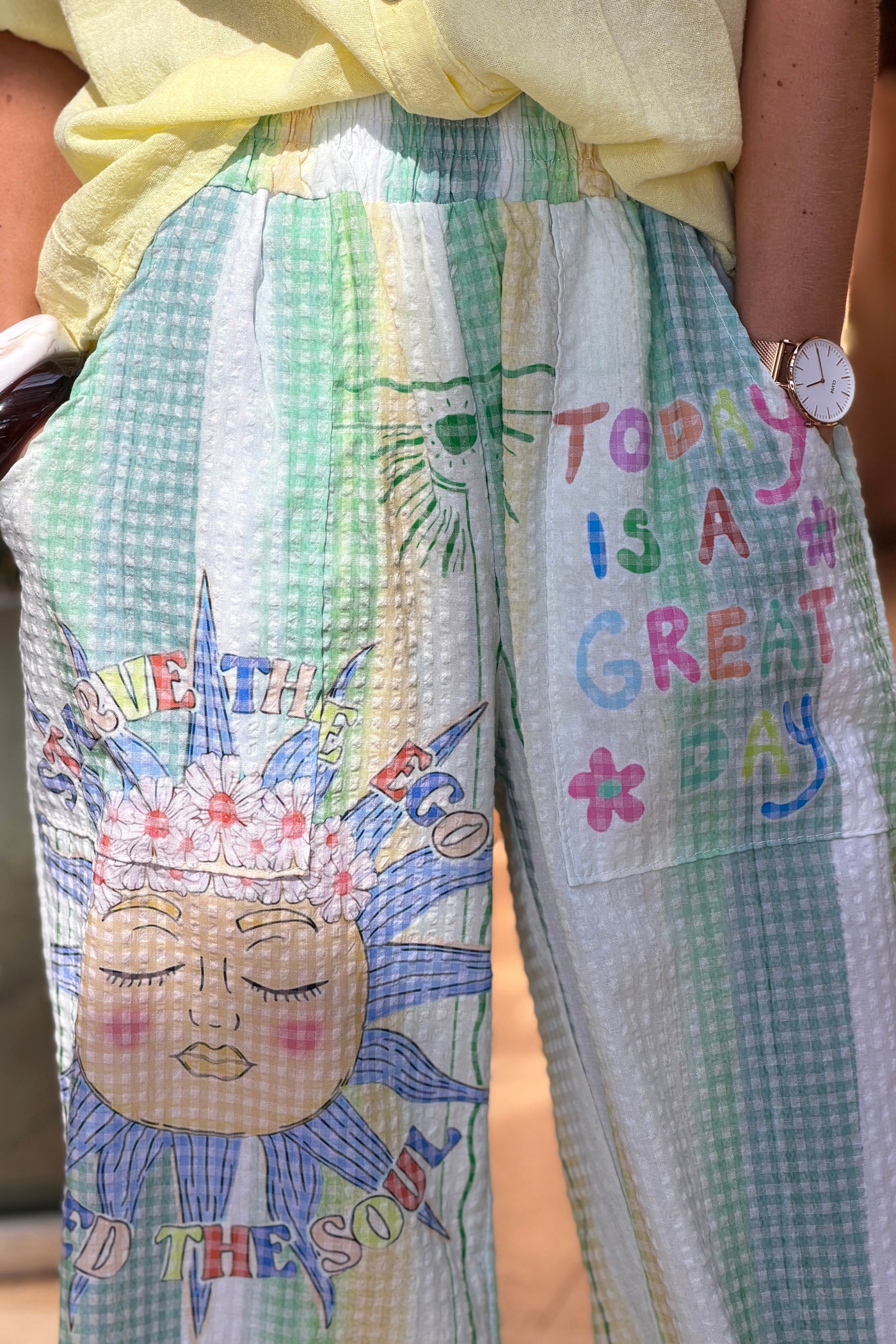 Green “Happy Days” Pastel Stripe Gauze Beach Pants