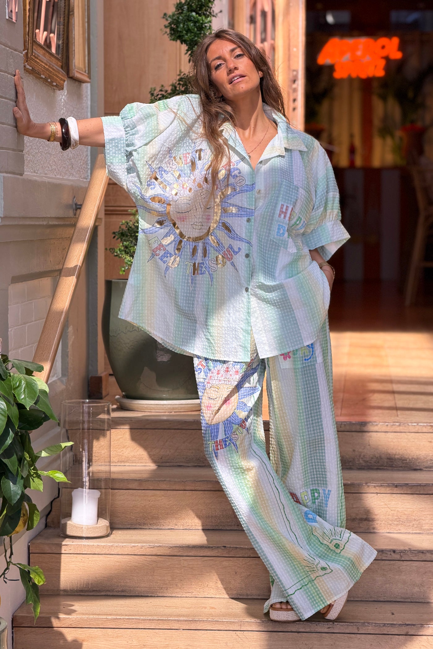 Green “Happy Days” Pastel Stripe Gauze Beach Pants