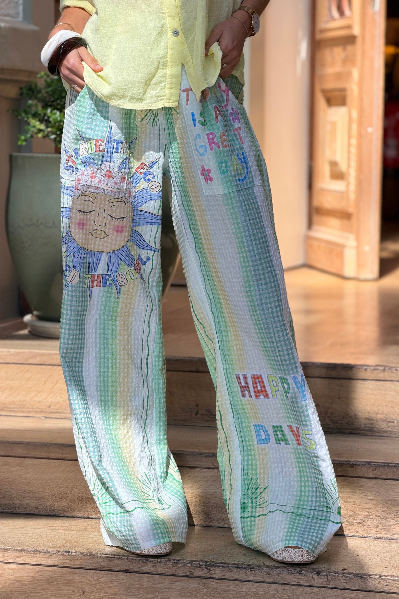 Green “Happy Days” Pastel Stripe Gauze Beach Pants