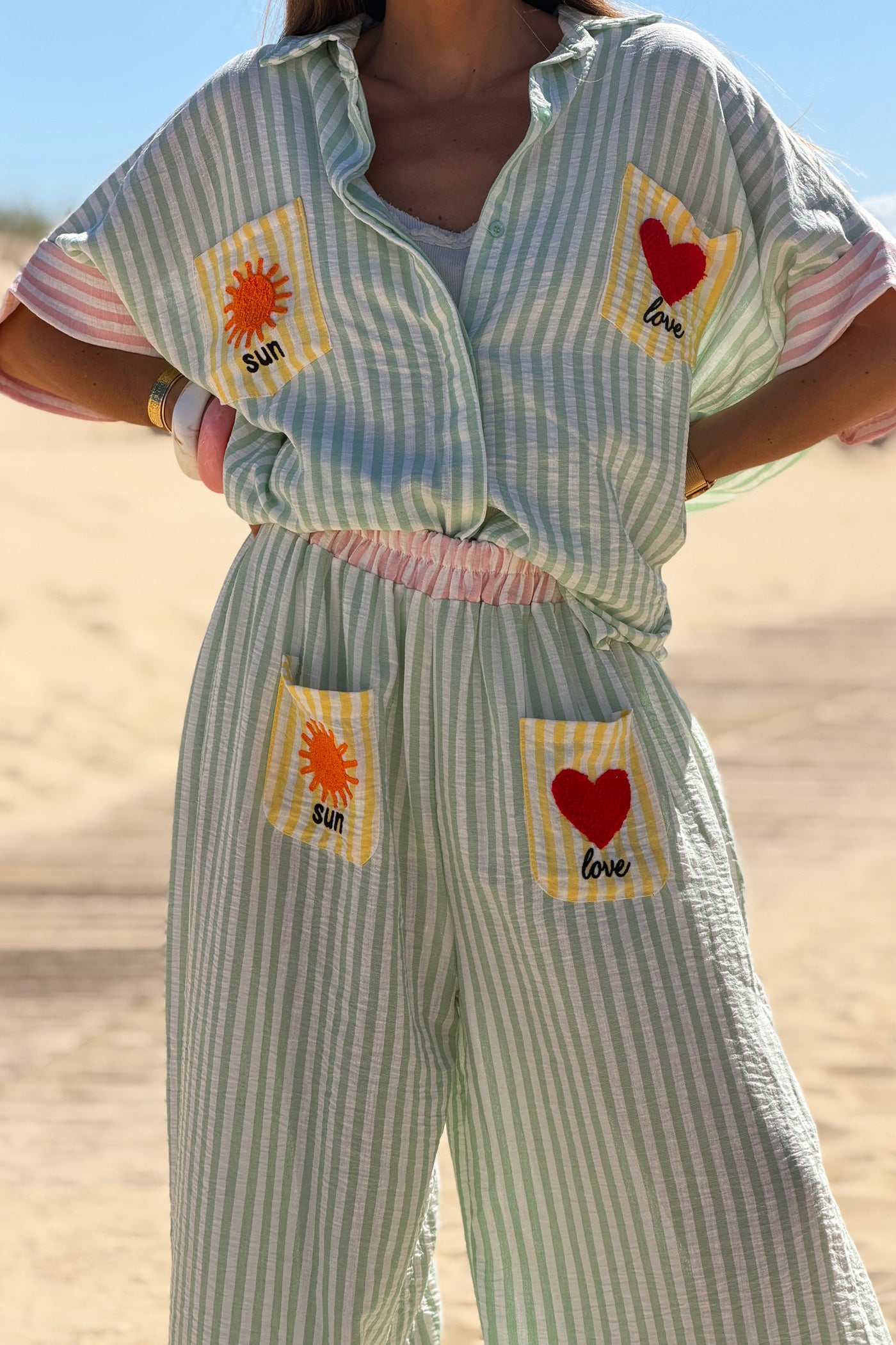 Green Pastel Pinstripe Embroidered Pocket Pants