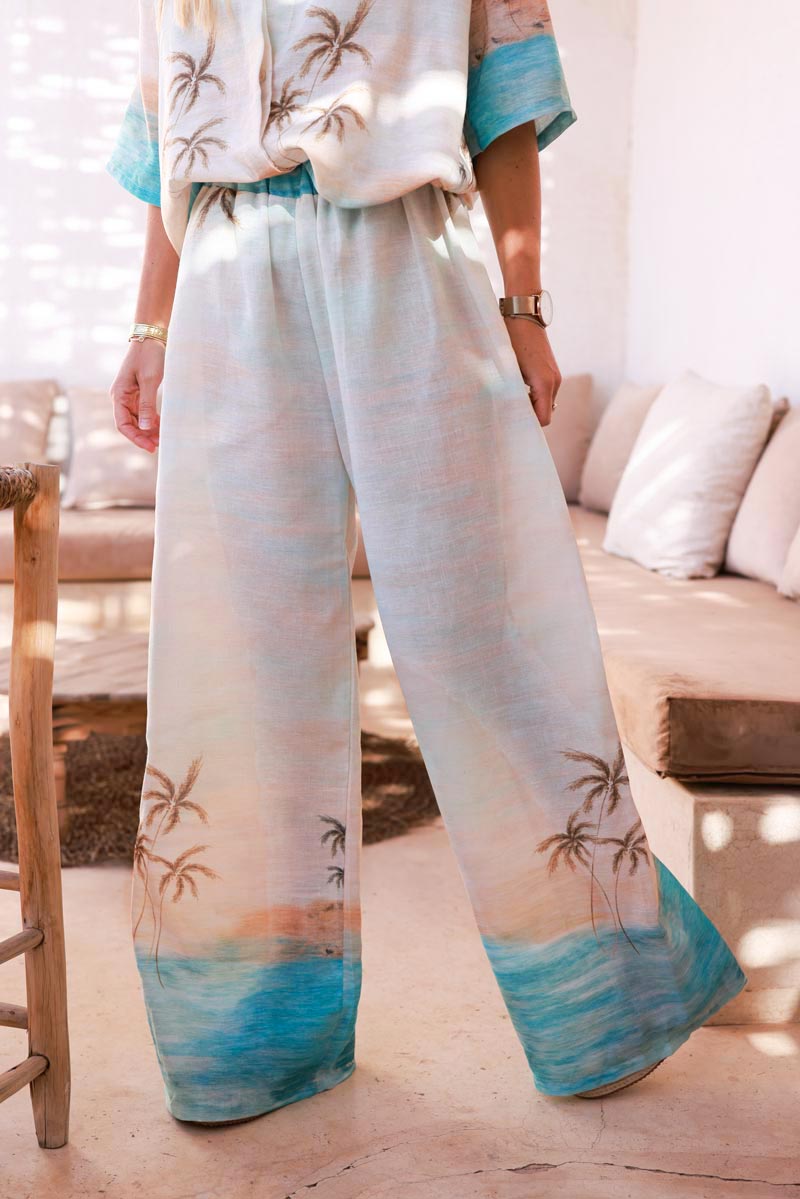 Pantalon large wide leg imprimé palmiers plage lagon