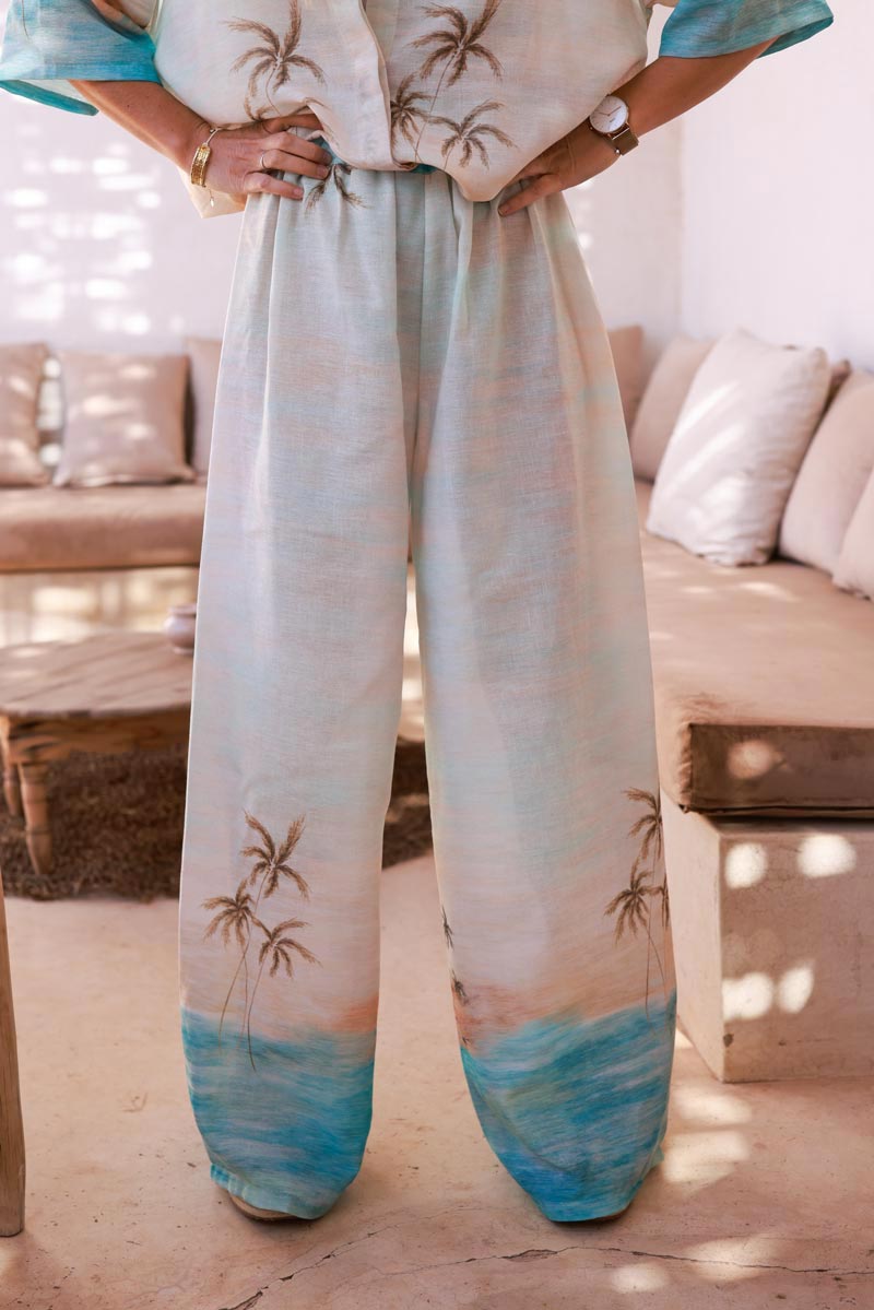 Pantalon large wide leg imprimé palmiers plage lagon