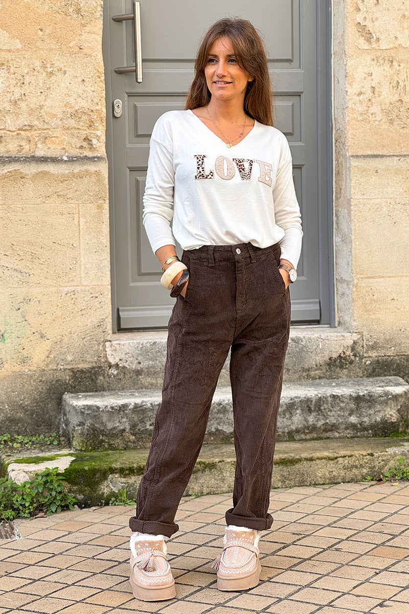 Pantalon marron en velours côtelé coupe chino droit à pinces