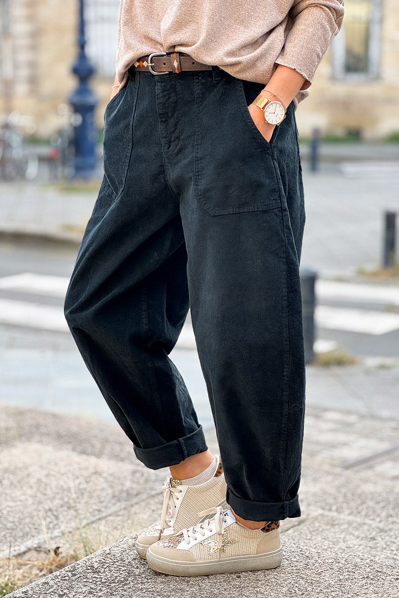 Black Corduroy Carpenter Pants with Belt