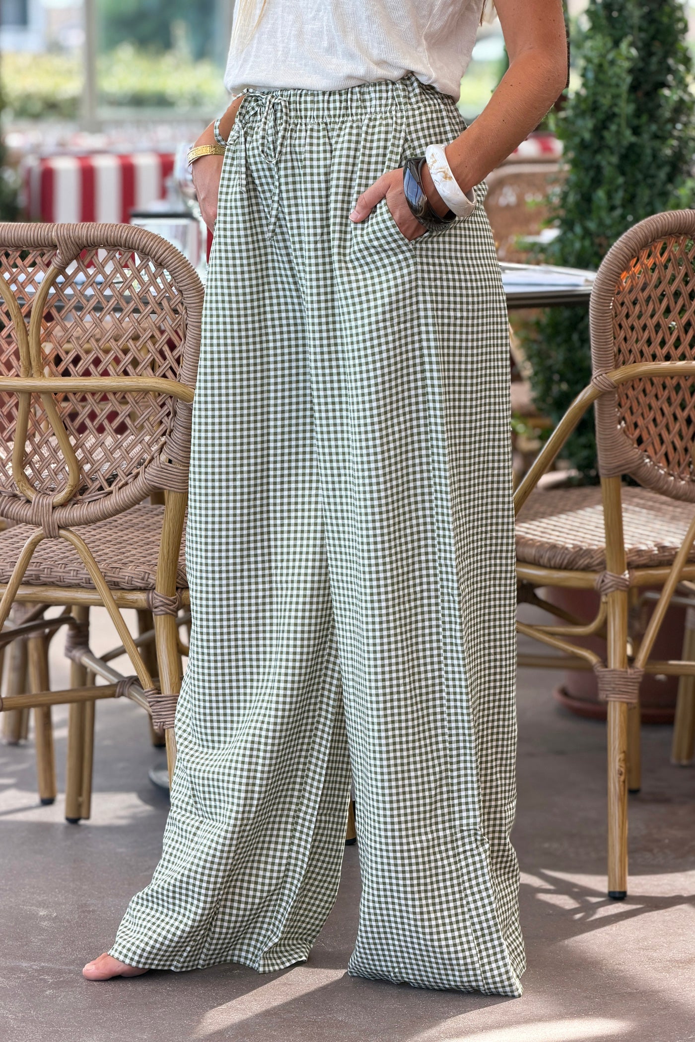 Pantalon souple et large motif carreaux vichy kaki taille élastique