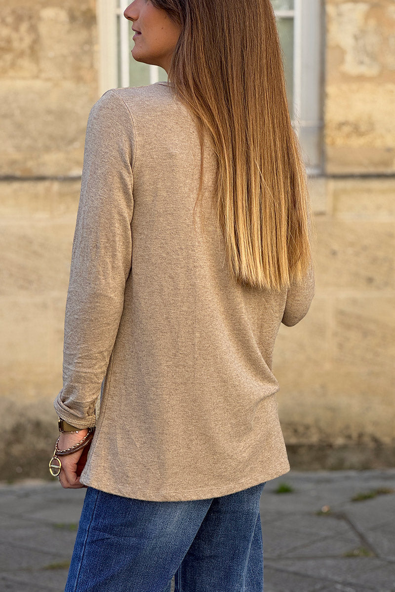 Cream Brushed Velvet Knit Long Sleeve Top