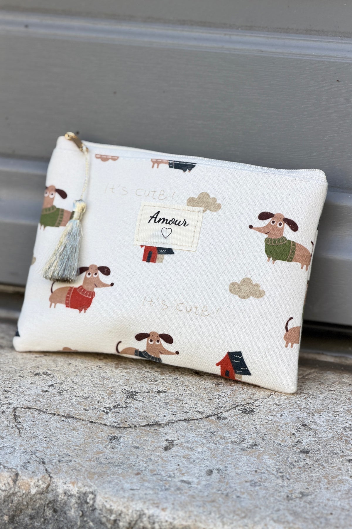Cream Dog Print Zip-Top Pouchette
