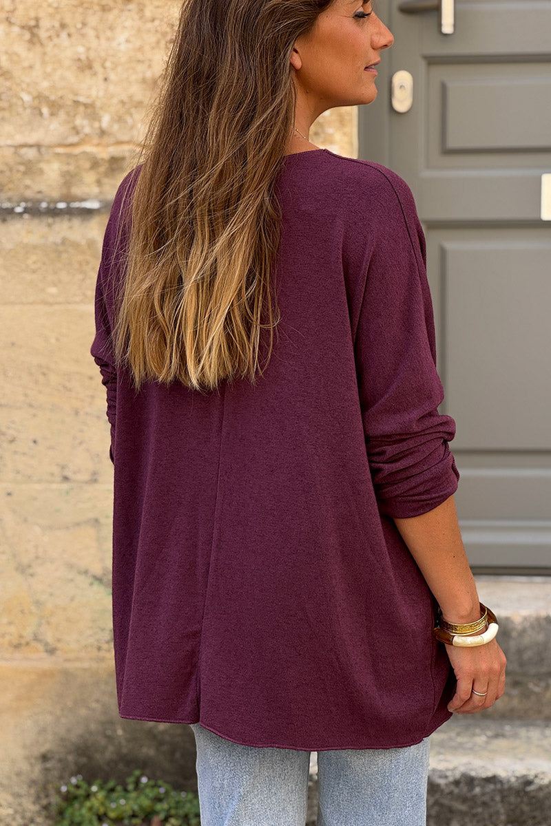 Pull aubergine col V petite étoile sequins