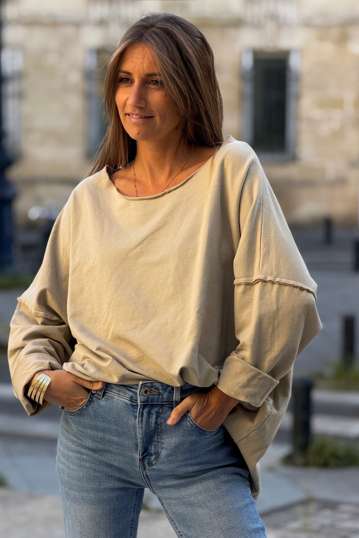 Beige Stretch Knit Long-Sleeve Slouchy Tee
