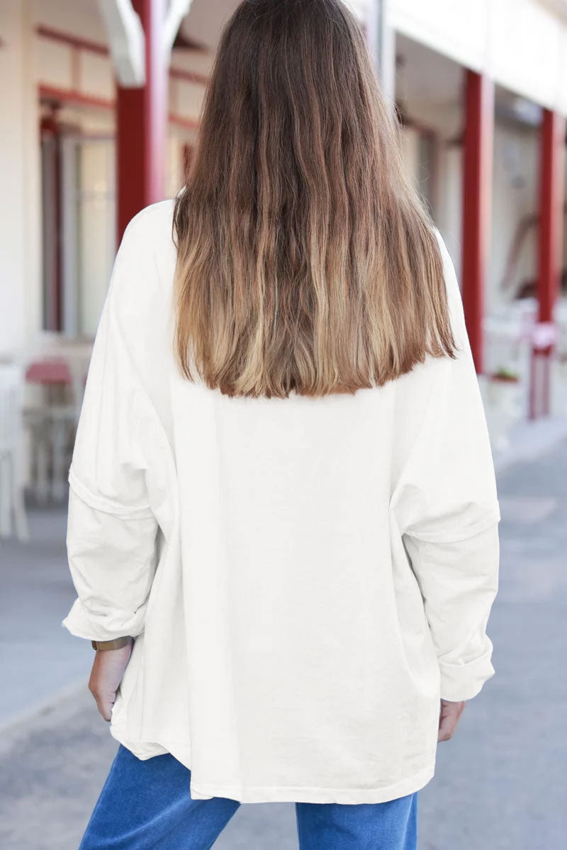 White Stretch Knit Long-Sleeve Slouchy Tee