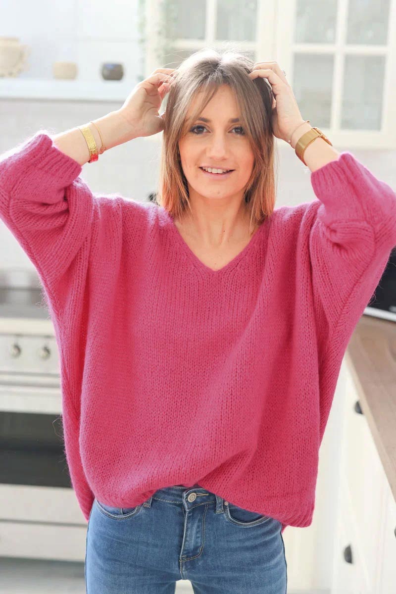 Fuchsia Woollen v-neck Sweater with Batwing sleeves