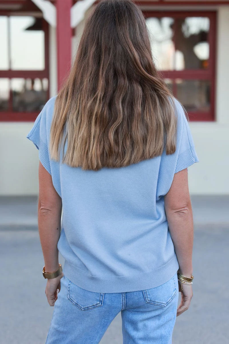 Light Blue Cap-Sleeve Knit Top