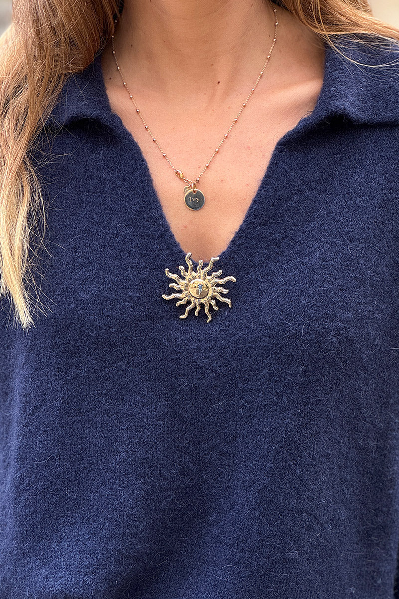 Navy Blue Collared Fuzzy Knit Sweater with Sun Brooch