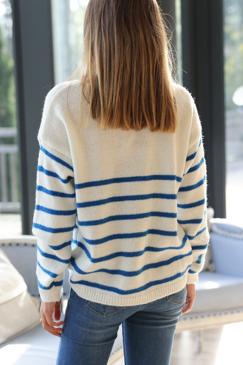 Off white and royal blue striped sweater with amour in boucle