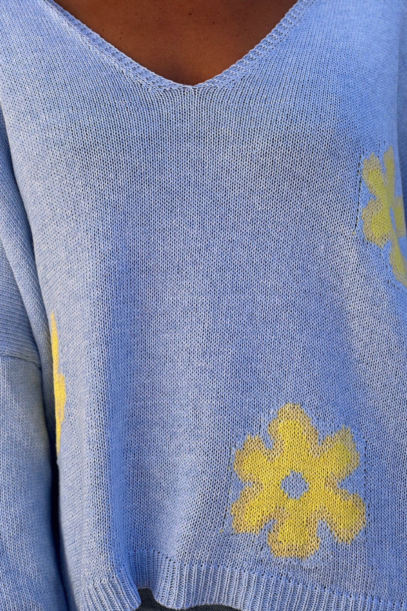 Light Blue Floral Applique V-Neck Sweater