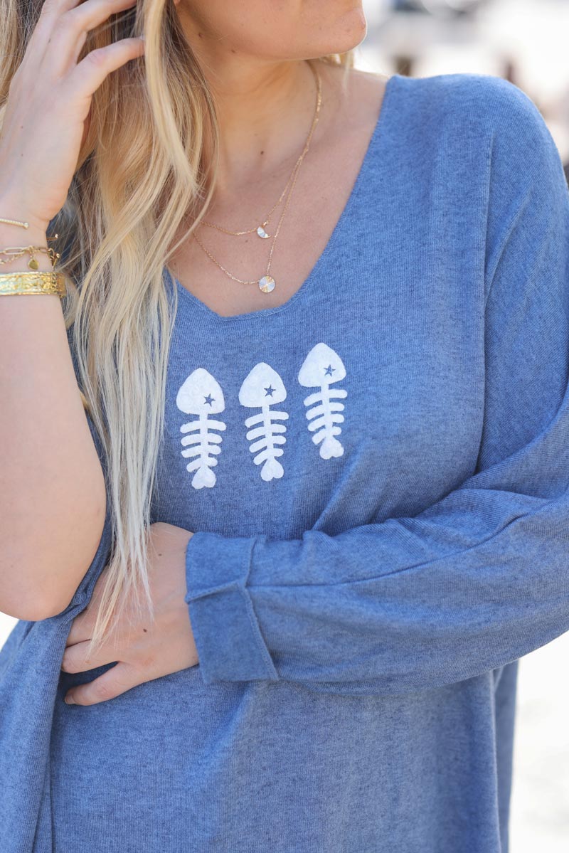 Jersey de punto azul denim suave trio fish