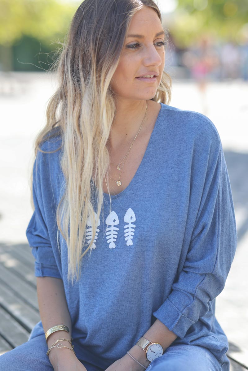 Jersey de punto azul denim suave trio fish