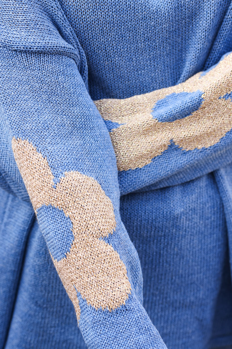 Dusty blue cotton knit jumper with gold flowers on sleeves and back