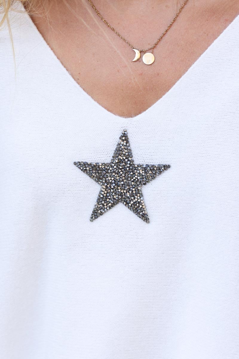 Pull large tout doux blanc casse manches chauve-souris etoile strass g351 (1)