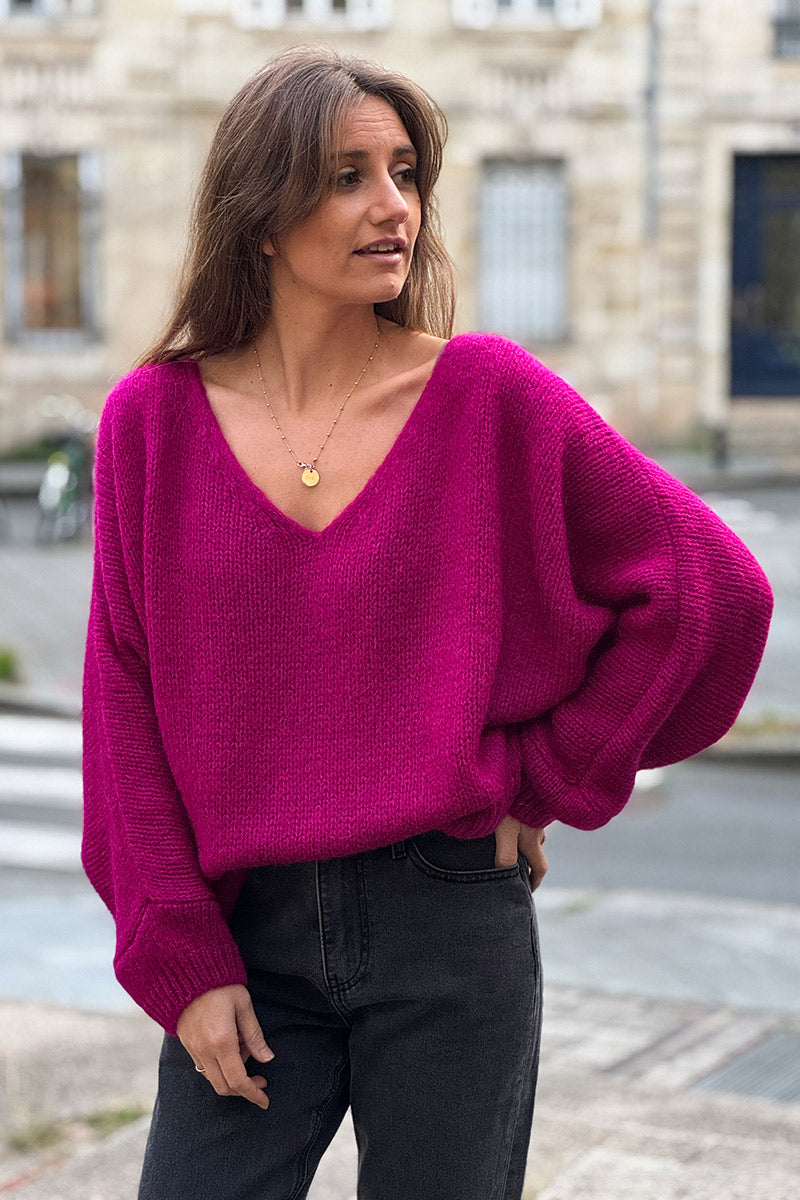 Burgundy Woollen V-neck Sweater with Batwing sleeves