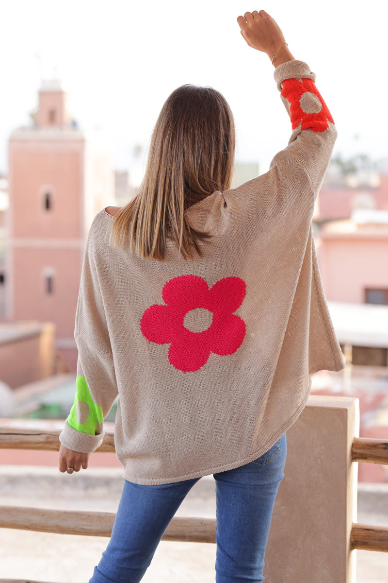 Beige Cotton Knit Sweater with Colourful Flowers and Boat Neck