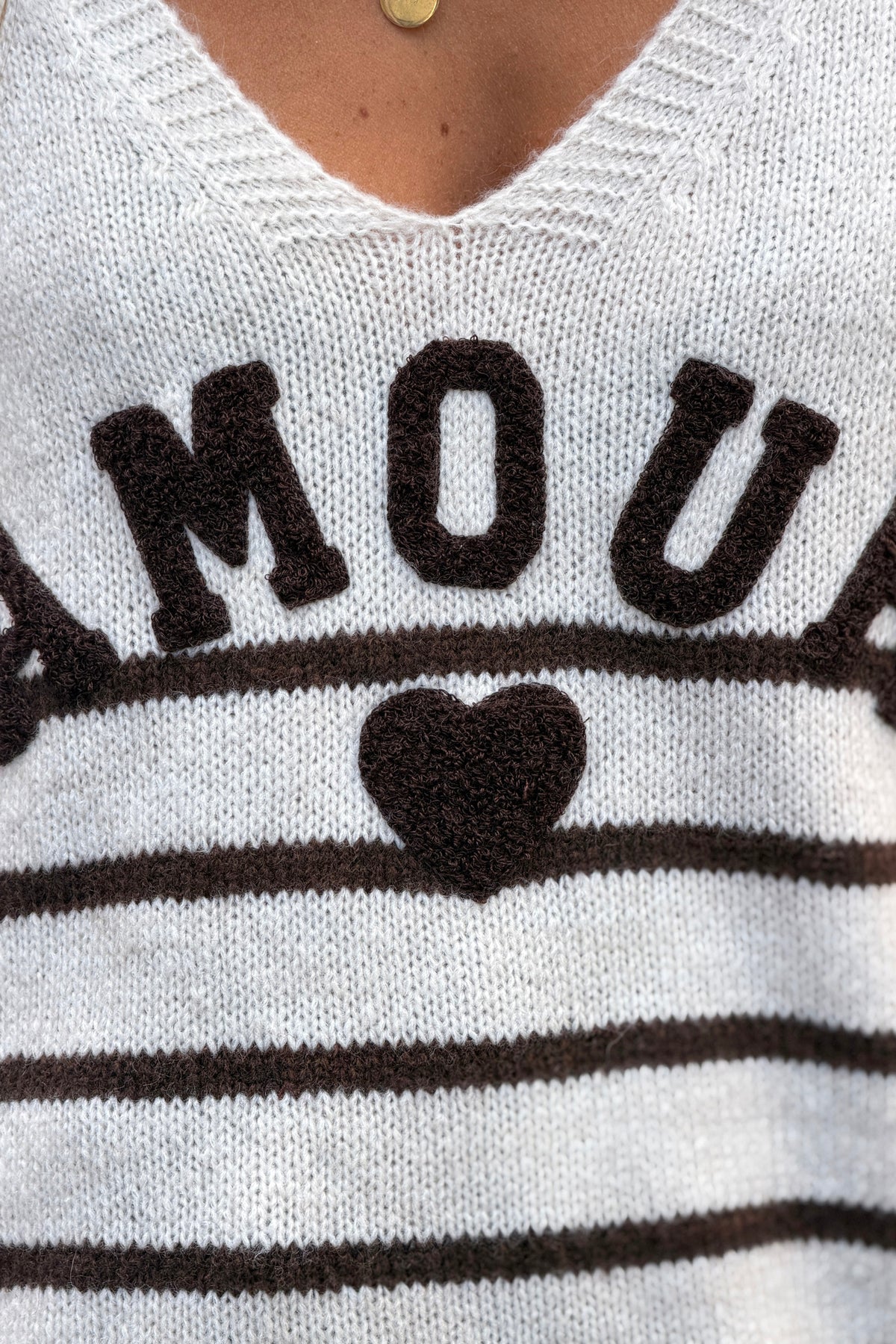 Off white and Brown striped sweater with amour in boucle