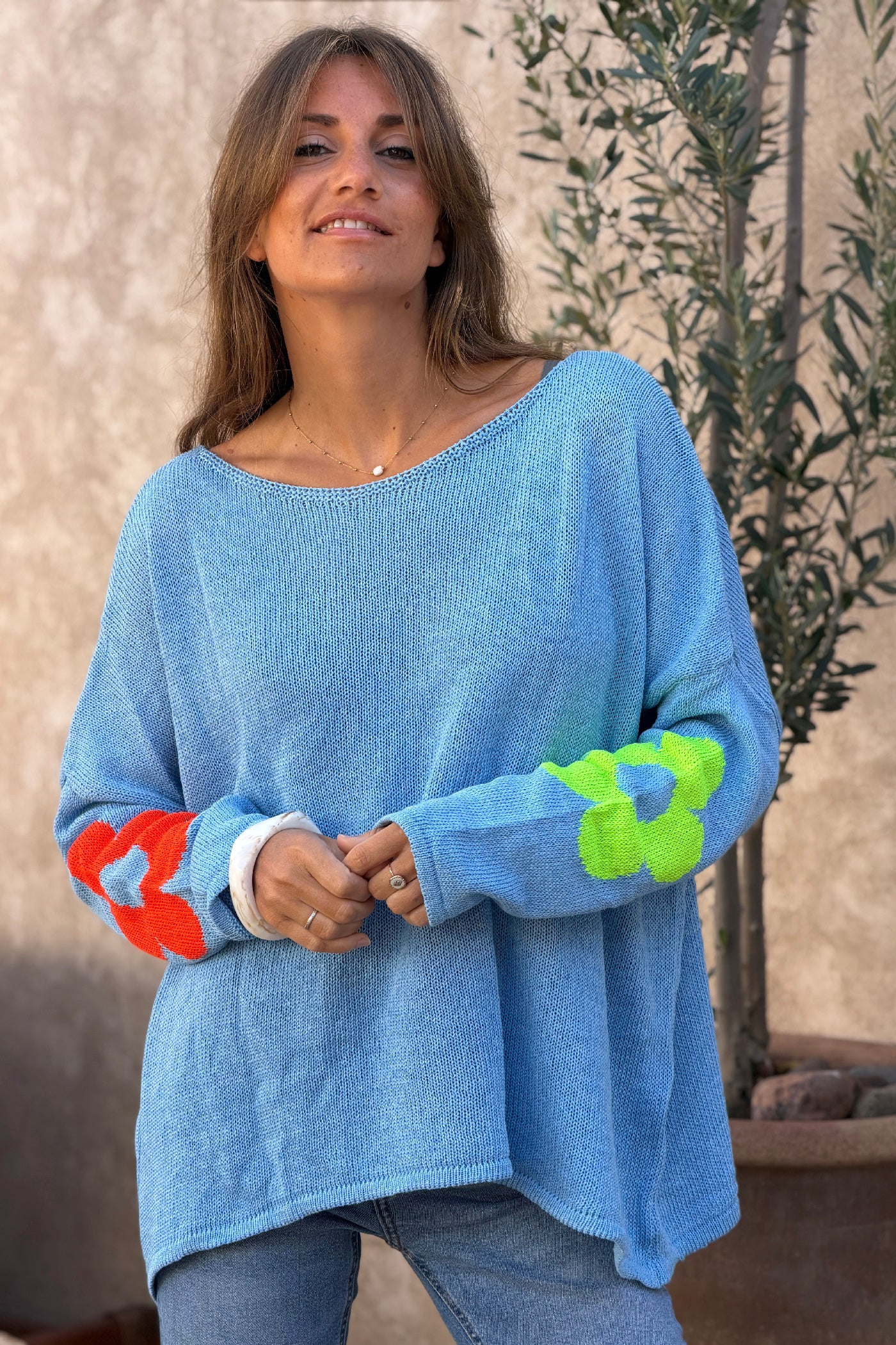 Blue Cotton Knit Sweater with Colourful Flowers and Boat Neck