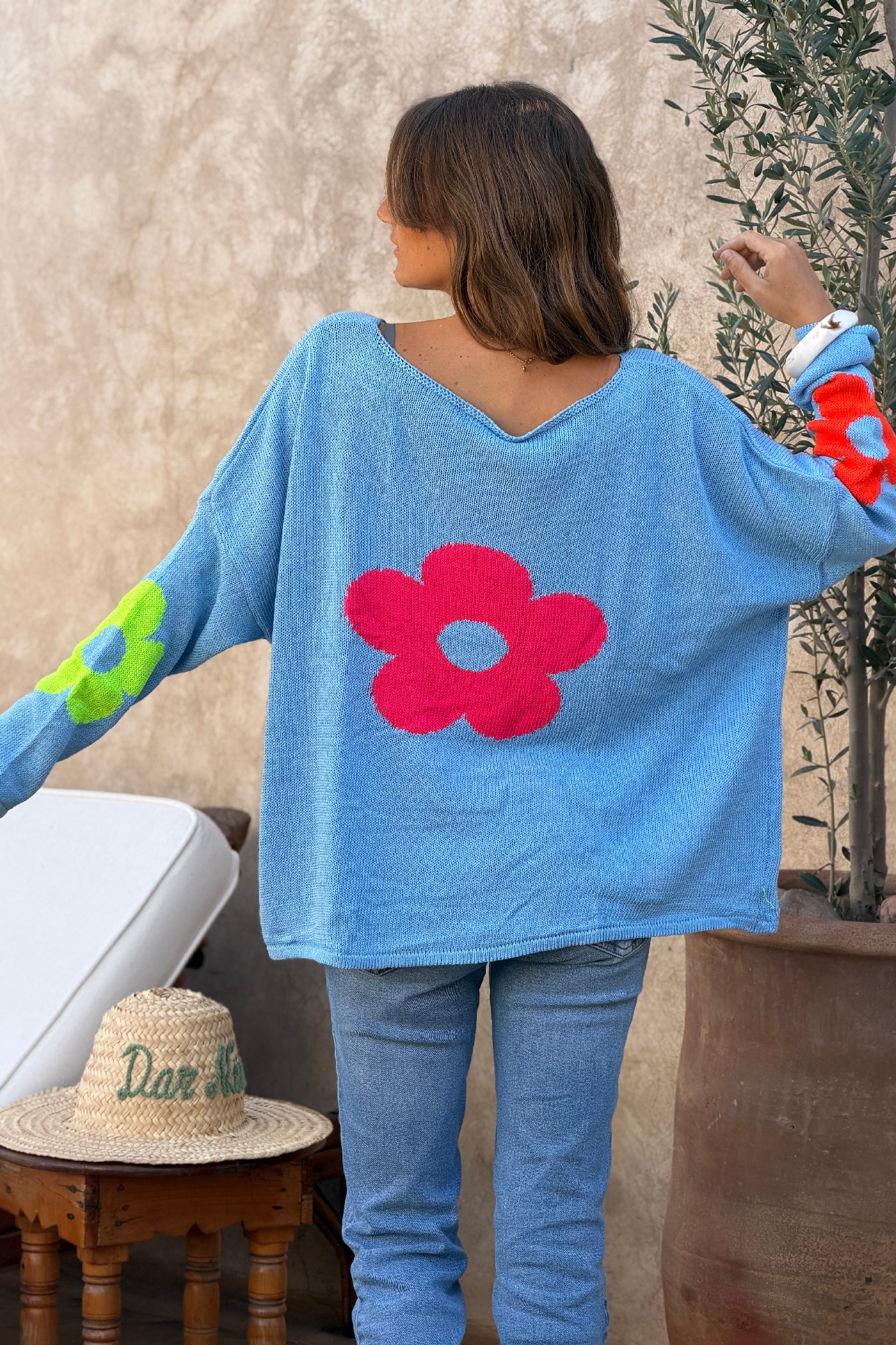 Blue Cotton Knit Sweater with Colourful Flowers and Boat Neck