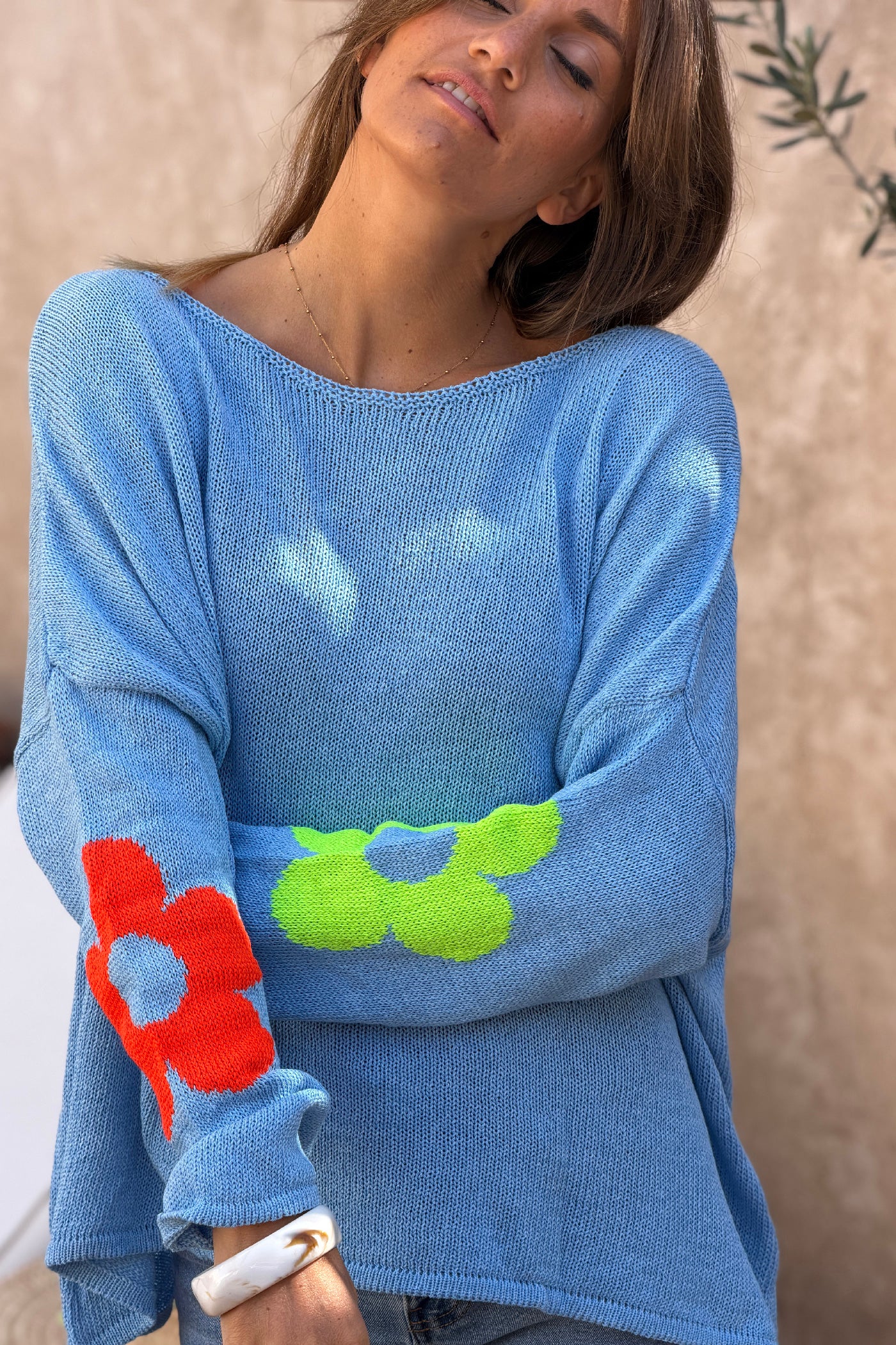 Blue Cotton Knit Sweater with Colourful Flowers and Boat Neck