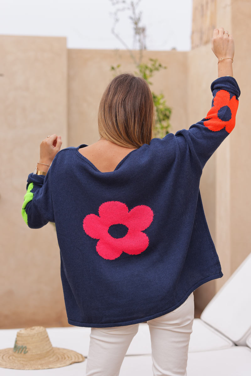 Navy blue cotton knit sweater with colourful flowers and boat neck