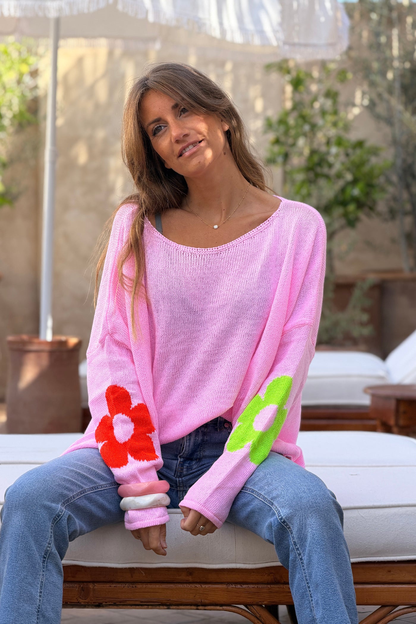 Pink Cotton Knit Sweater with Colourful Flowers and Boat Neck