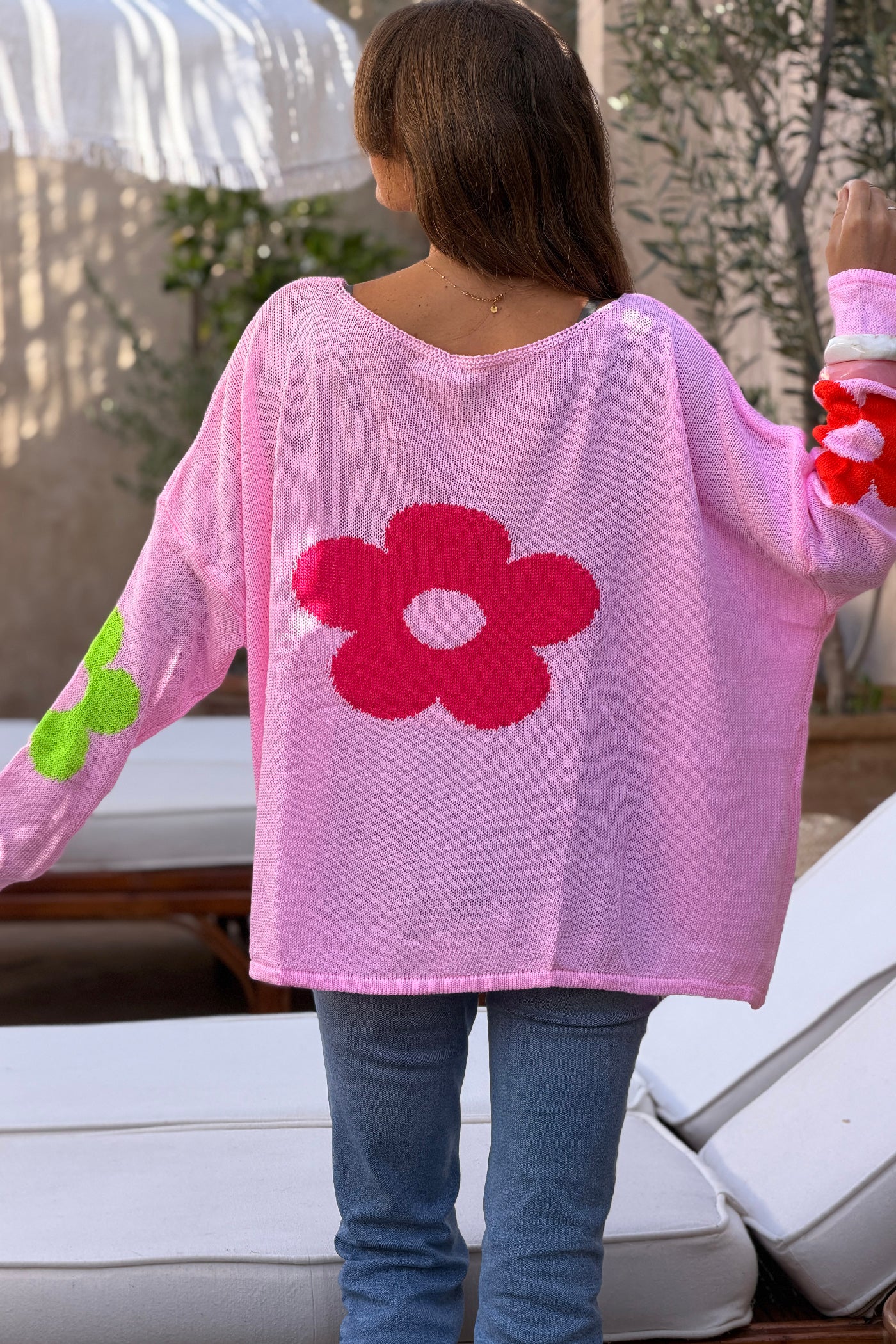 Pink Cotton Knit Sweater with Colourful Flowers and Boat Neck