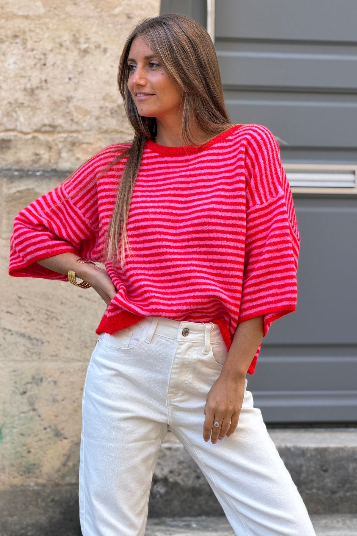 Pull manches 3/4 rayures rouge et rose col rond
