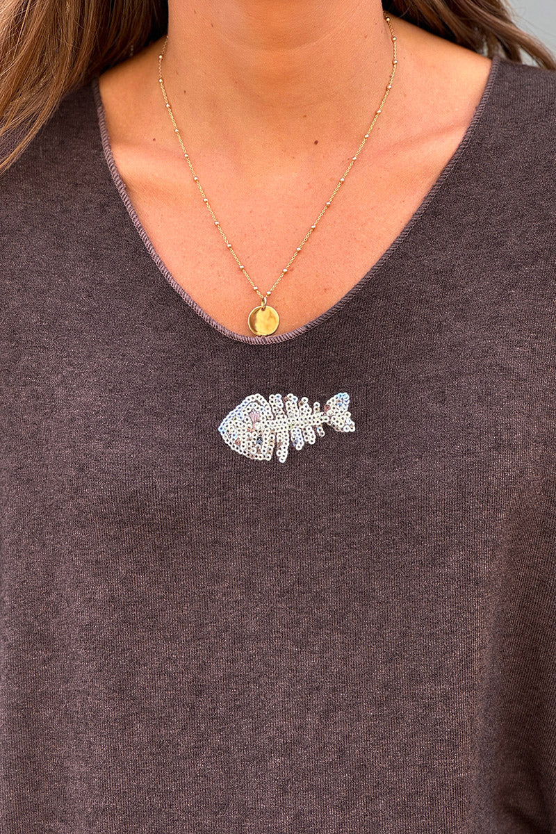 Pull marron chiné col v arête poisson sequins