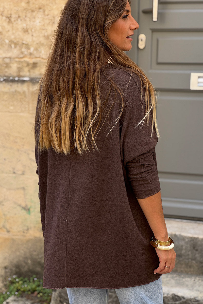 Pull marron chiné col v arête poisson sequins