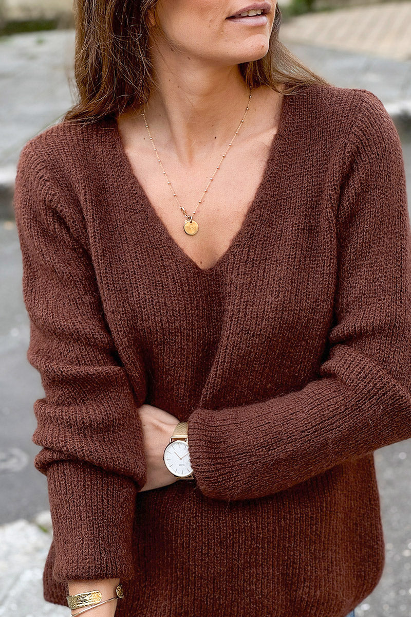Slim Fit V-neck Chocolate Brown Mohair Blend Sweater