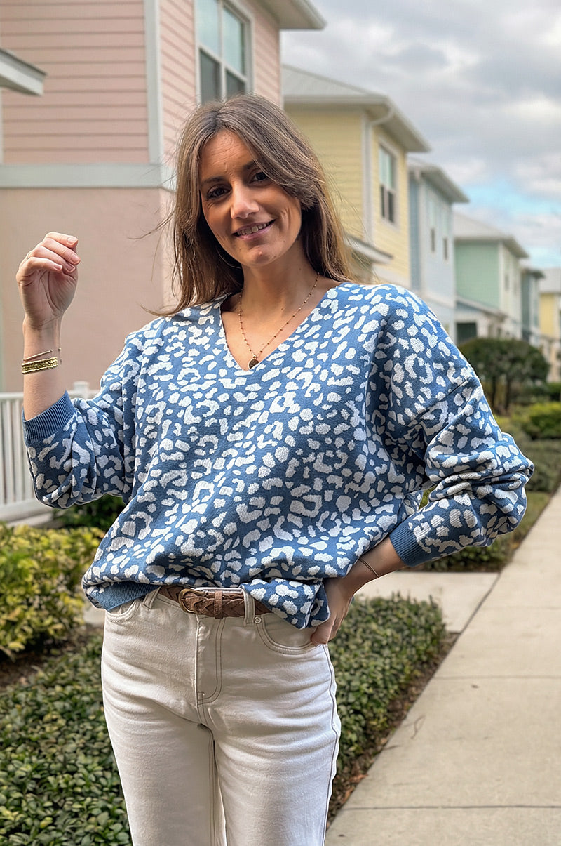 Blue Leopard Print V-Neck Viscose Sweater