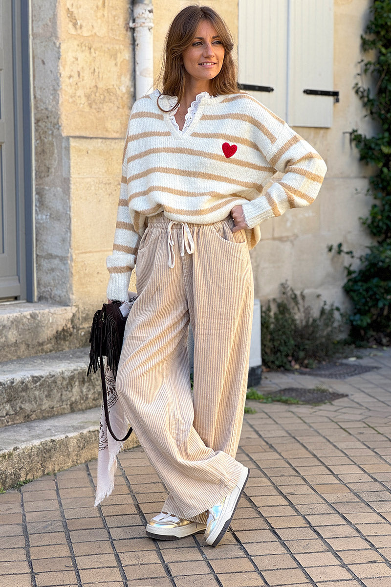 Beige Stripe Vintage Heart Sweater