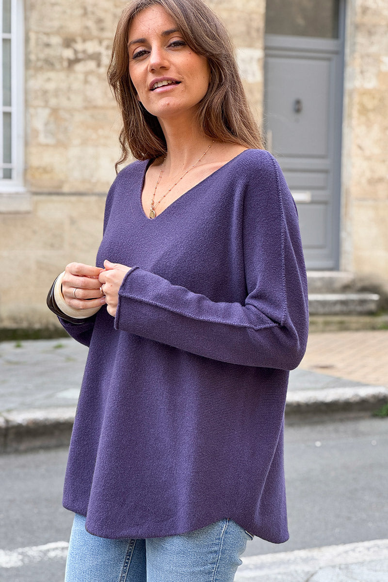 Pull moelleux tout doux aubergine col v