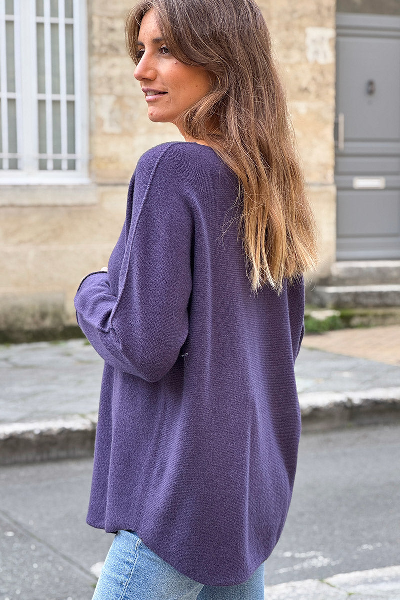 Pull moelleux tout doux aubergine col v