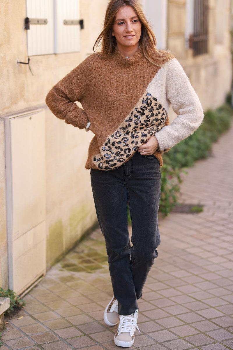 Camel and Leopard Asymmetrical Knit Sweater