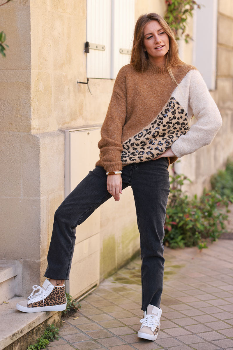 Camel and Leopard Asymmetrical Knit Sweater