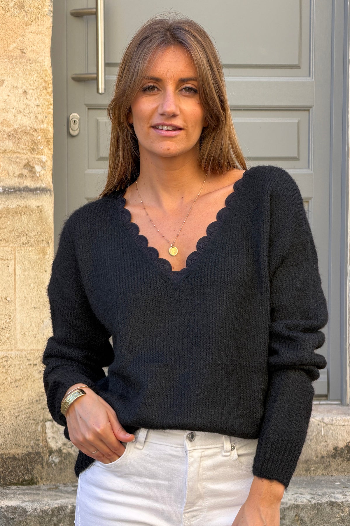 Black Scallop Neck Knit Jumper