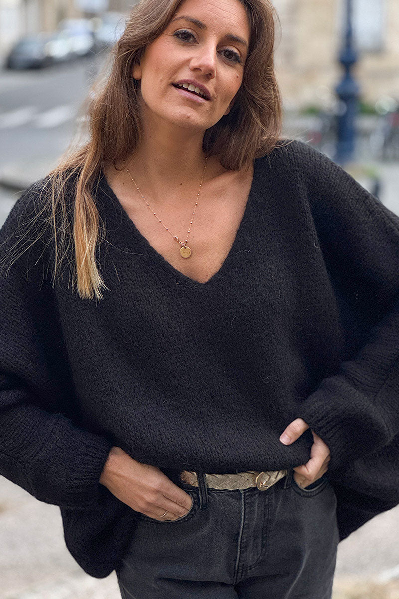 Black Woollen V-neck Sweater with Batwing sleeves
