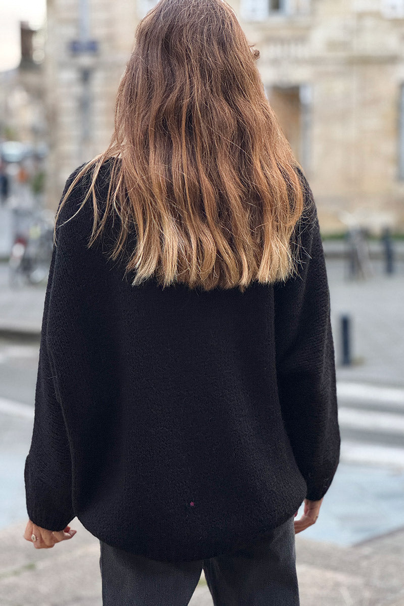 Black Woollen V-neck Sweater with Batwing sleeves